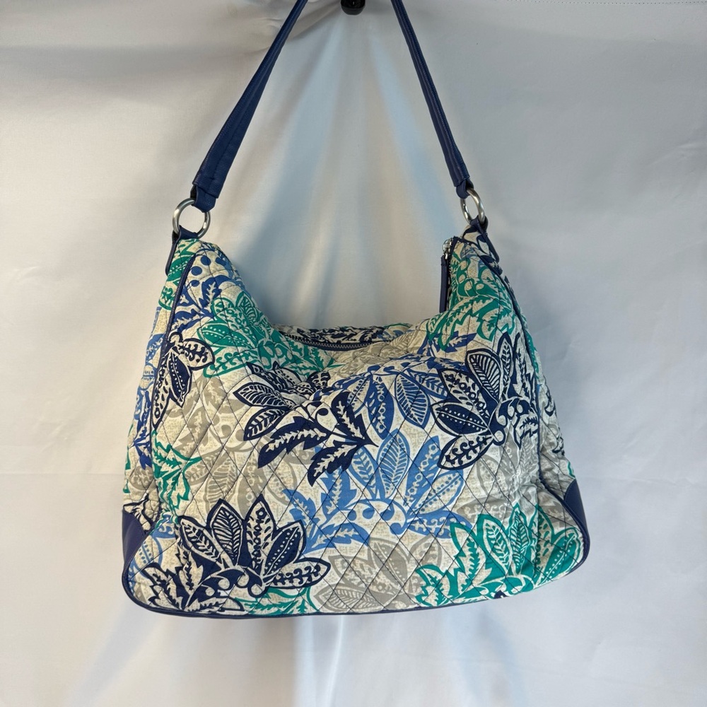 Vera Bradley Blue and Green Quilted Leaf Pattern Hobo Bag